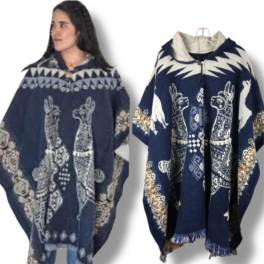 Alpaca Wool Hooded Poncho Llama Andean Handmade Fringe Boho Festival Unisex Cape - Picture 3 of 12